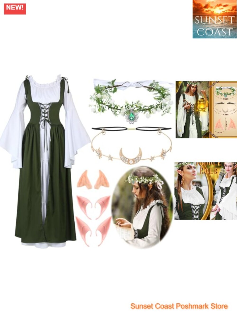 Medieval Renaissance Costume Set Women Fairy Dress Corset Lace-Up